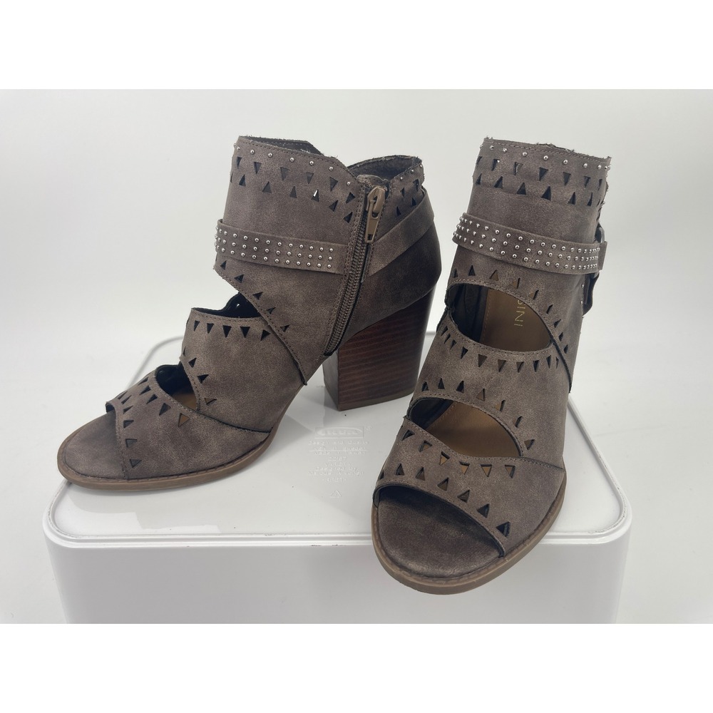 Massini Laser Cut Open Toe Booties Womens 8 Taupe Brown Studded Block Heel Shoes
